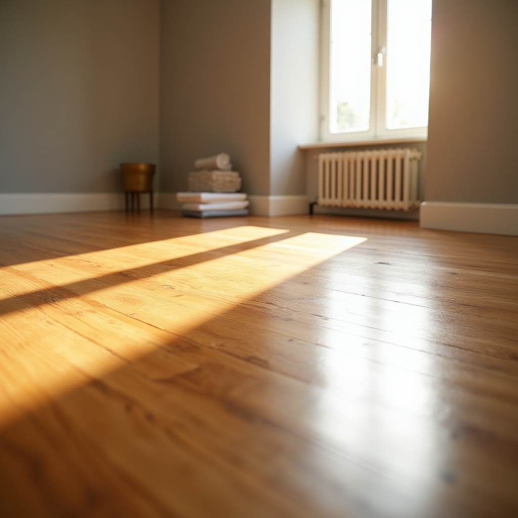 Pardoseală curățată și lustruită într-un apartament după finalizarea lucrărilor